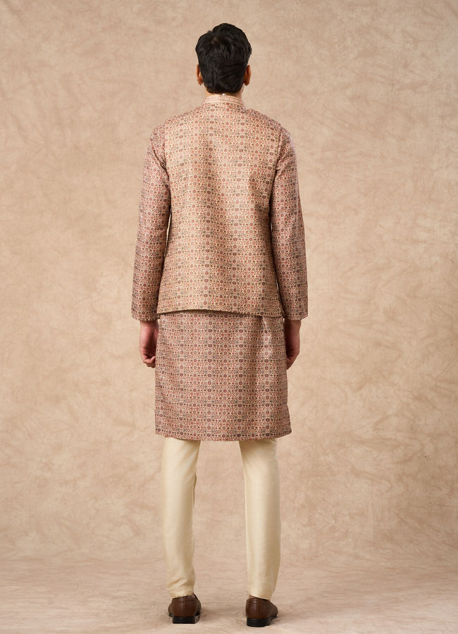Manyavar Men Fawn Blended Viscose Nehru Jacket with Brooch