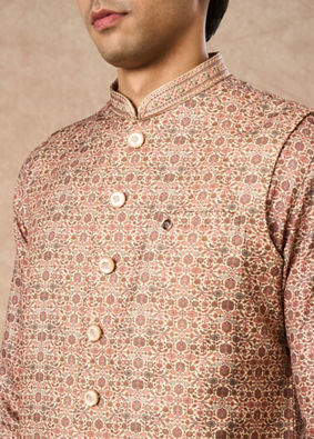 Manyavar Men Fawn Blended Viscose Nehru Jacket with Brooch