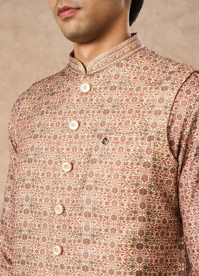 Manyavar Men Fawn Blended Viscose Nehru Jacket with Brooch