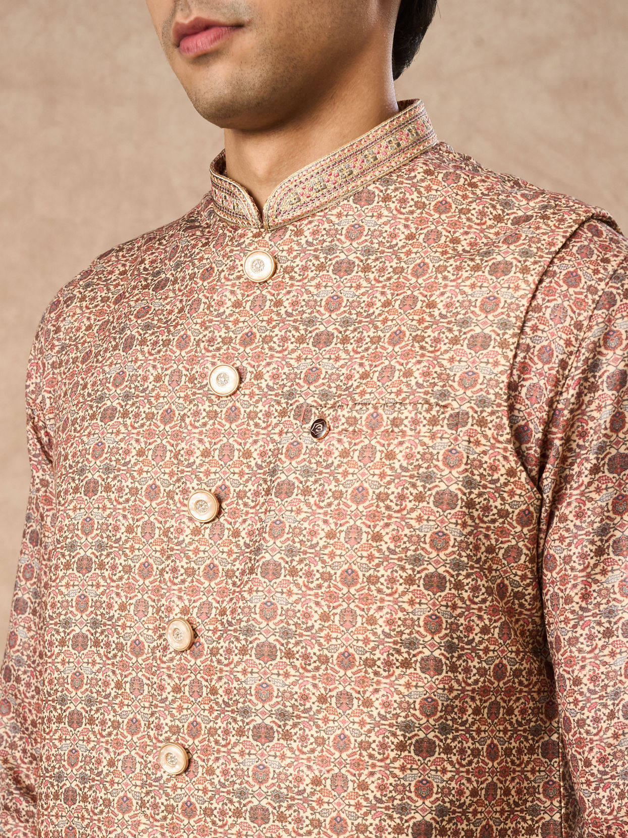 Manyavar Men Fawn Blended Viscose Nehru Jacket with Brooch