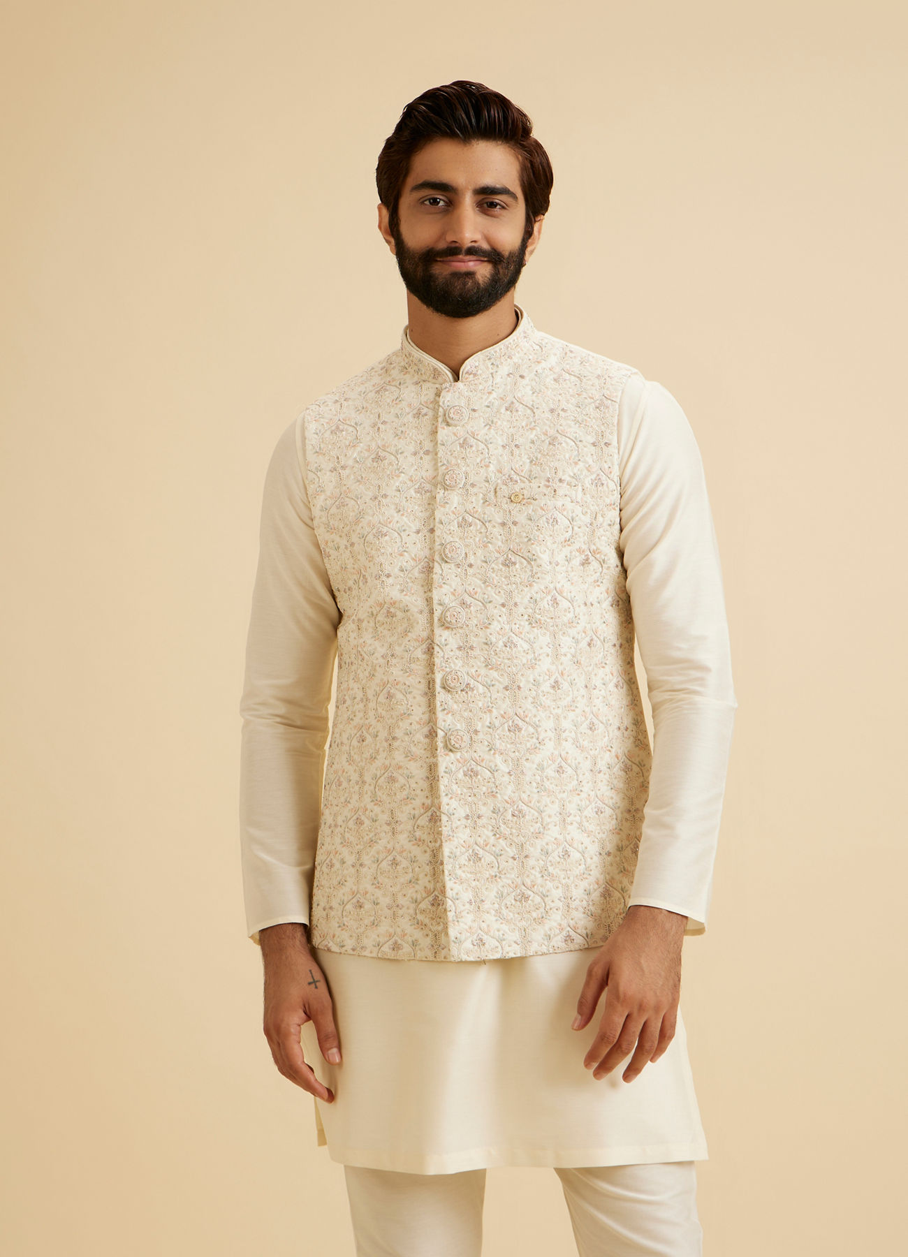 Manyavar Men Cream Splendor Nehru Jacket