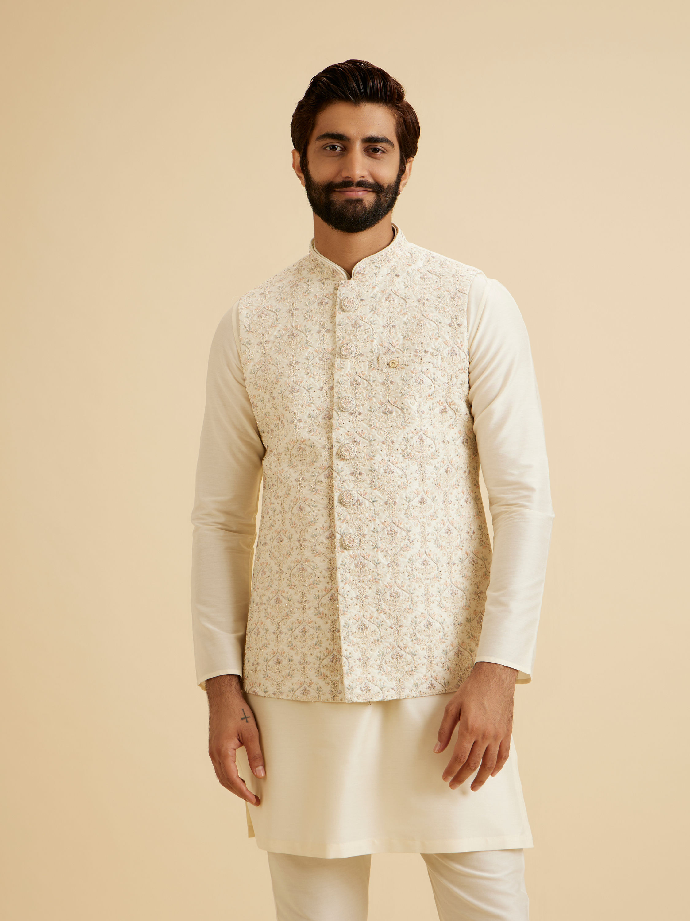 Manyavar Men Cream Splendor Nehru Jacket