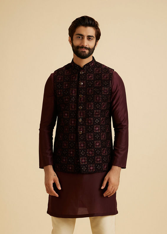 Manyavar Men Dark Blue Velvet Nehru Jacket