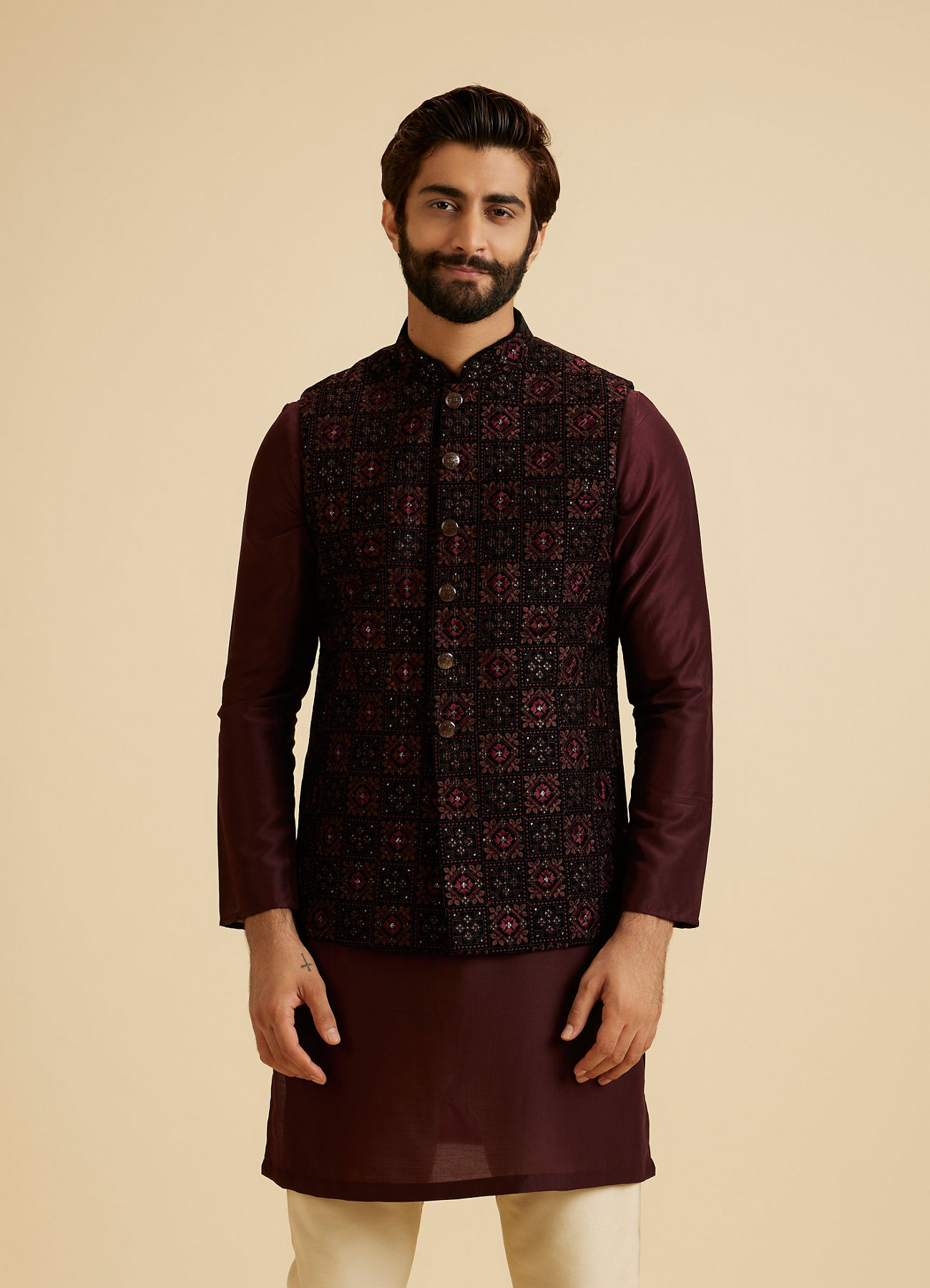 Manyavar Men Dark Blue Velvet Nehru Jacket