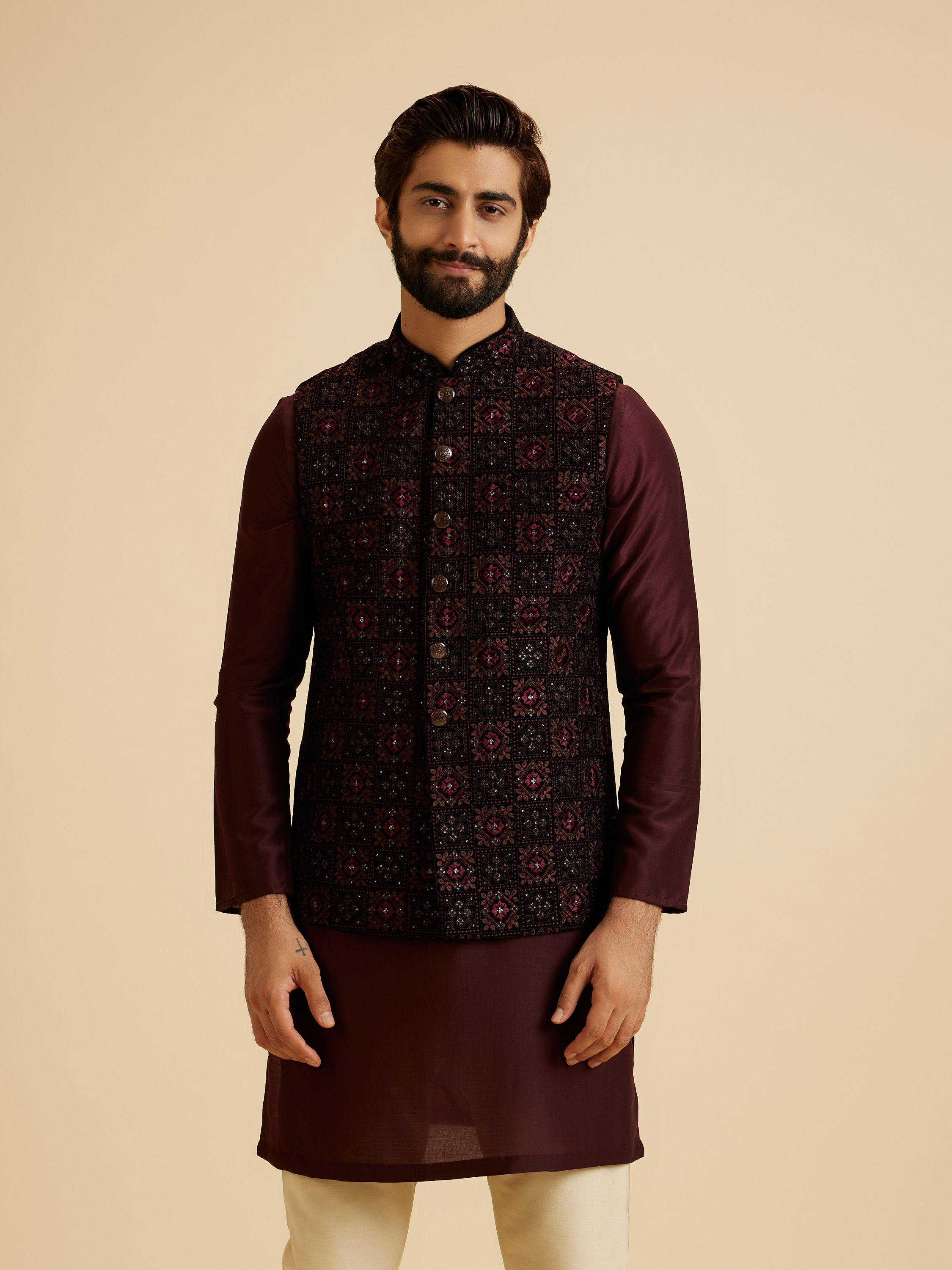 Manyavar Men Dark Blue Velvet Nehru Jacket