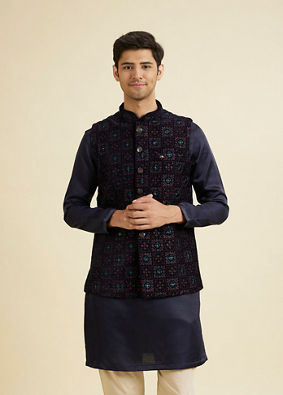 Manyavar Men Dark Blue Velvet Nehru Jacket