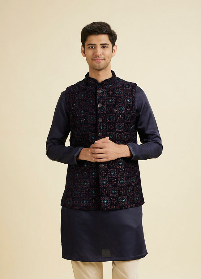 Manyavar Men Dark Blue Velvet Nehru Jacket
