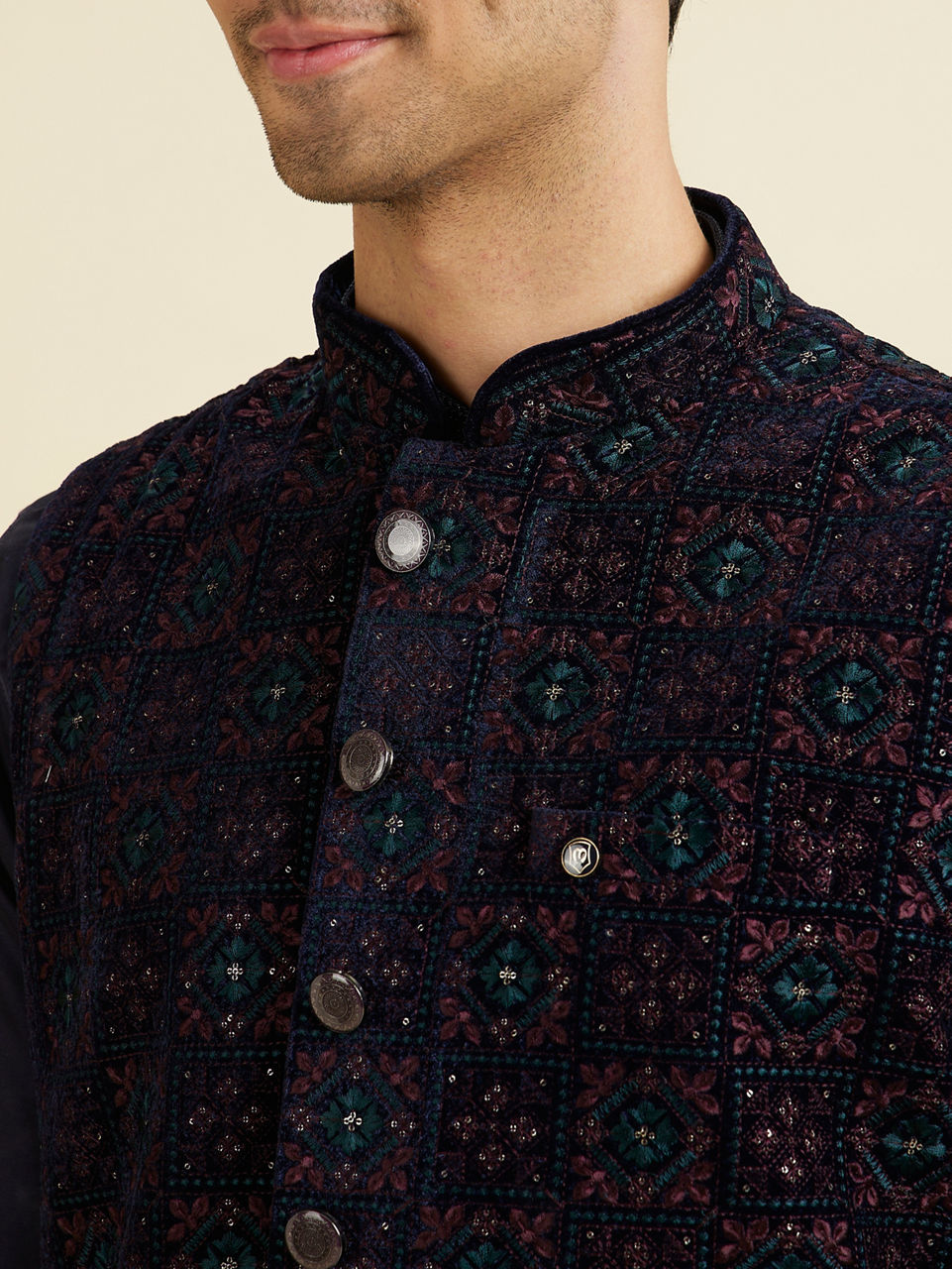 Manyavar Men Dark Blue Velvet Nehru Jacket