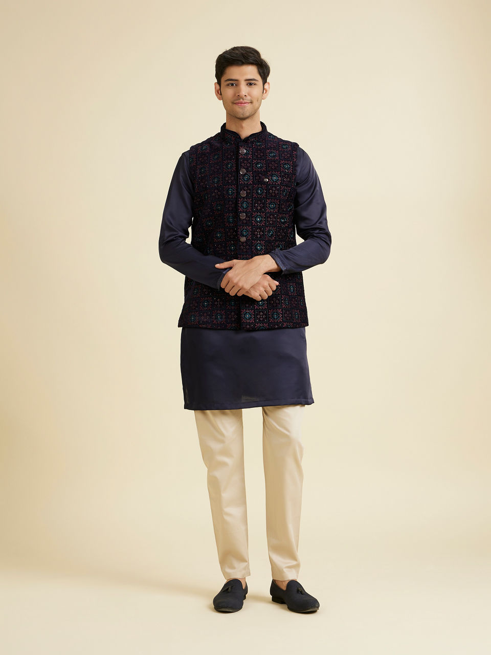 Manyavar Men Dark Blue Velvet Nehru Jacket