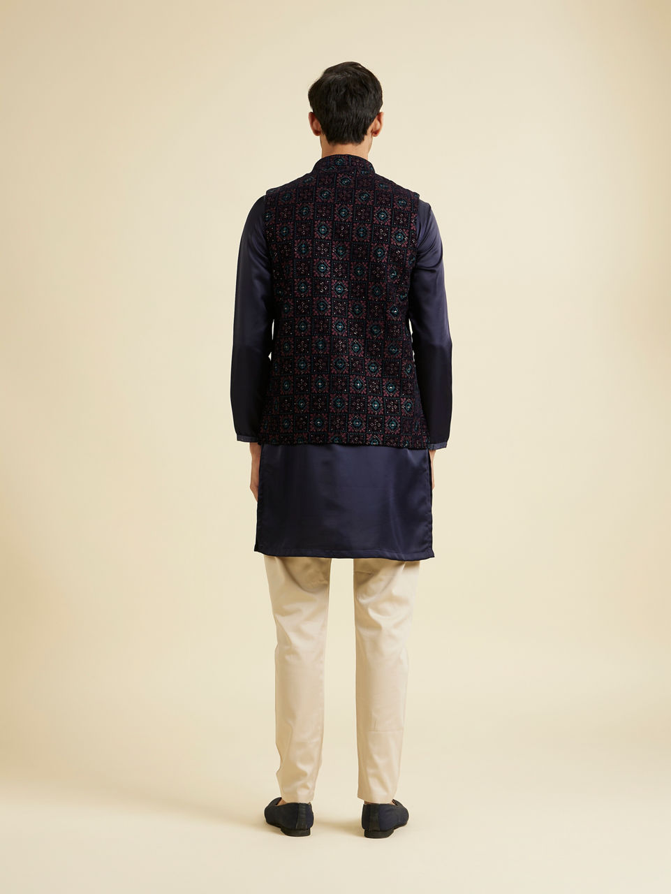 Manyavar Men Dark Blue Velvet Nehru Jacket