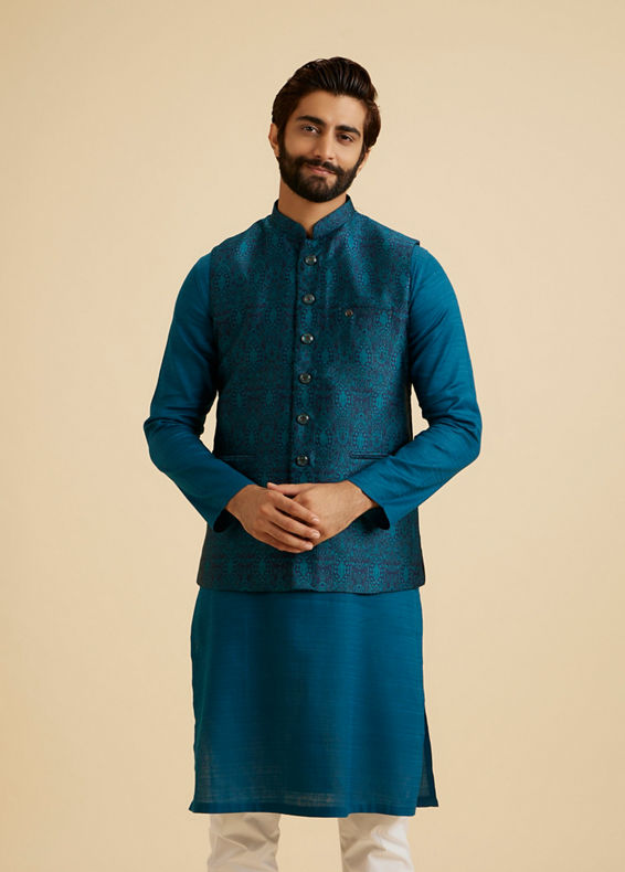 Manyavar Men Exquisite Teal Blue Nehru Jacket