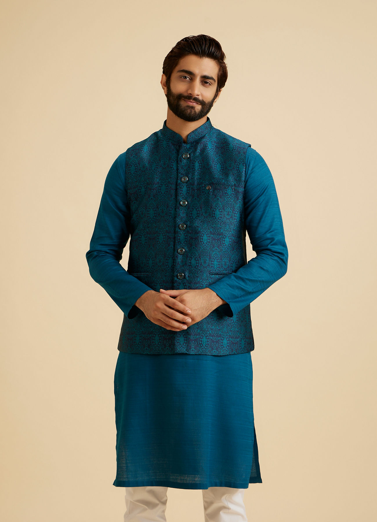 Manyavar Men Exquisite Teal Blue Nehru Jacket