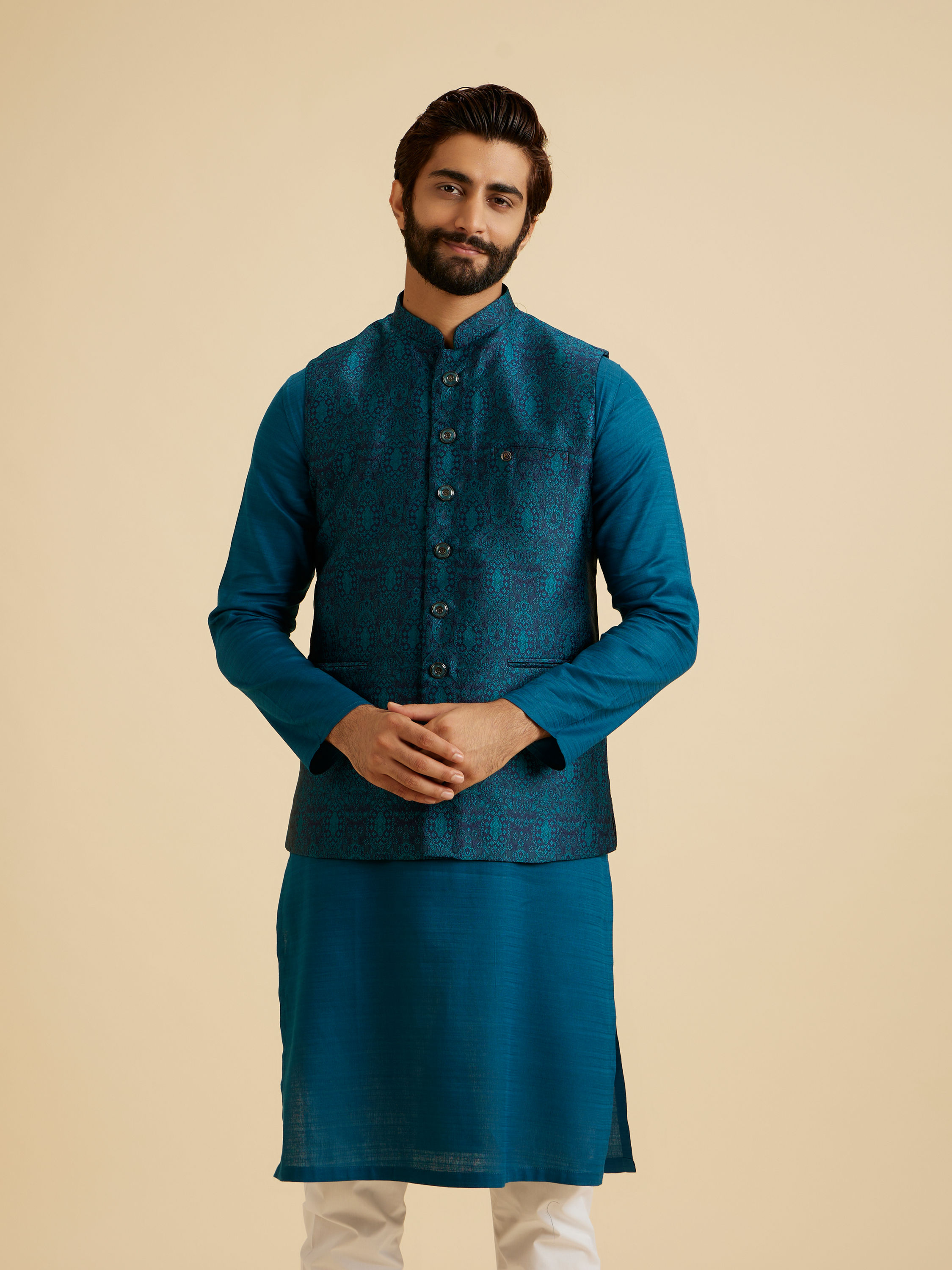 Manyavar Men Exquisite Teal Blue Nehru Jacket
