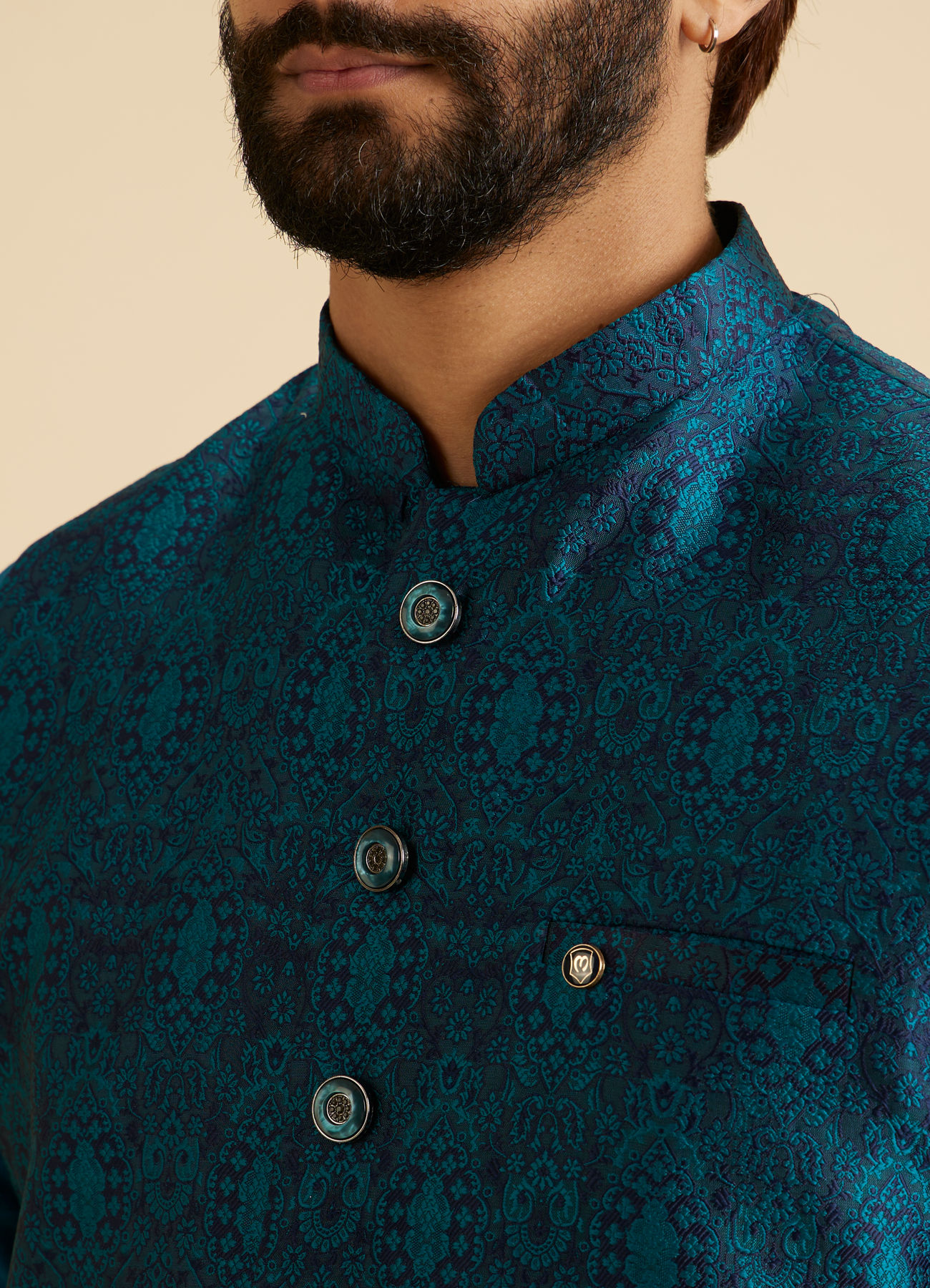 Manyavar Men Exquisite Teal Blue Nehru Jacket
