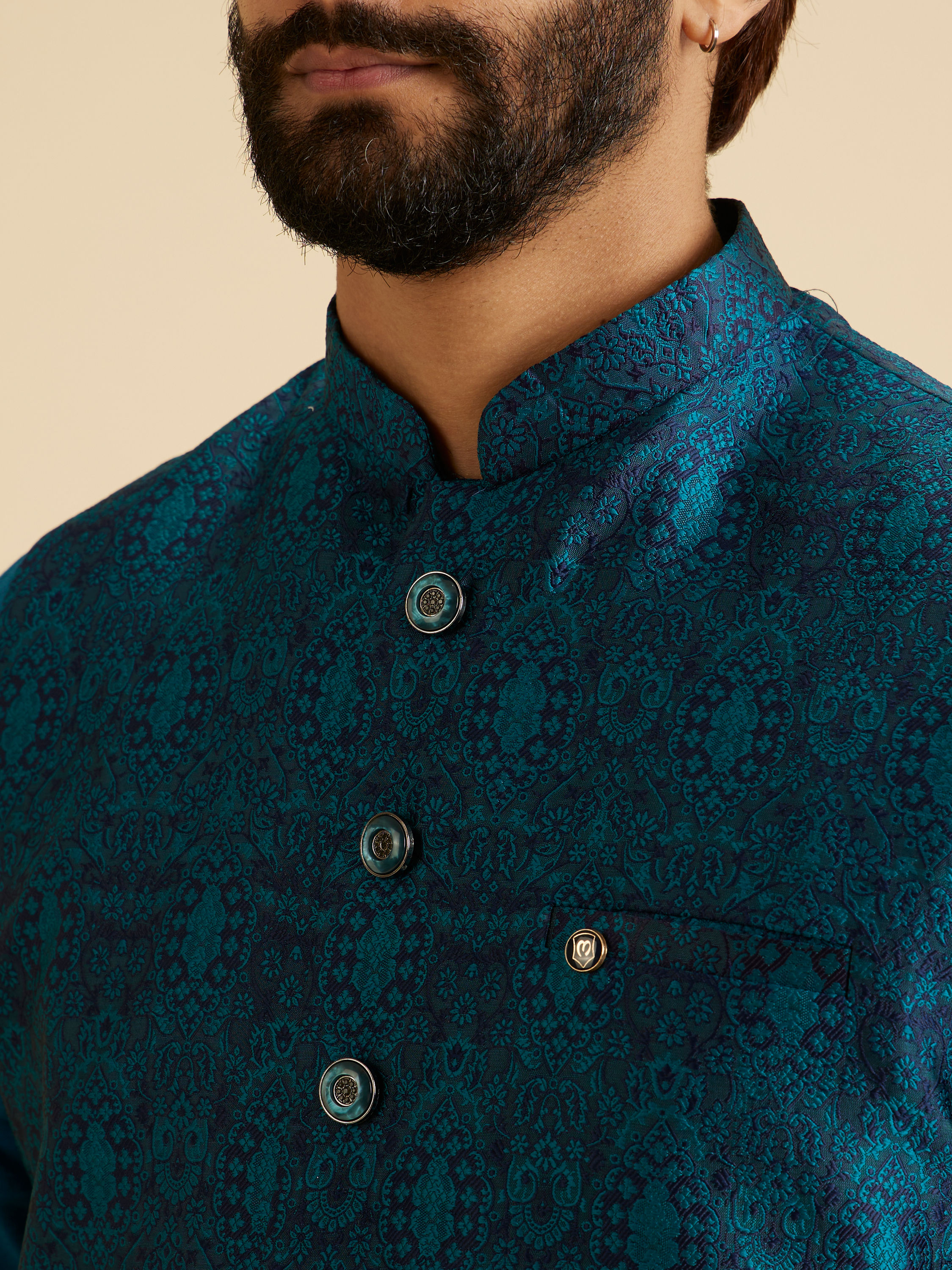 Manyavar Men Exquisite Teal Blue Nehru Jacket
