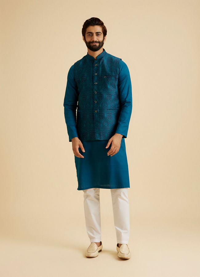 Manyavar Men Exquisite Teal Blue Nehru Jacket