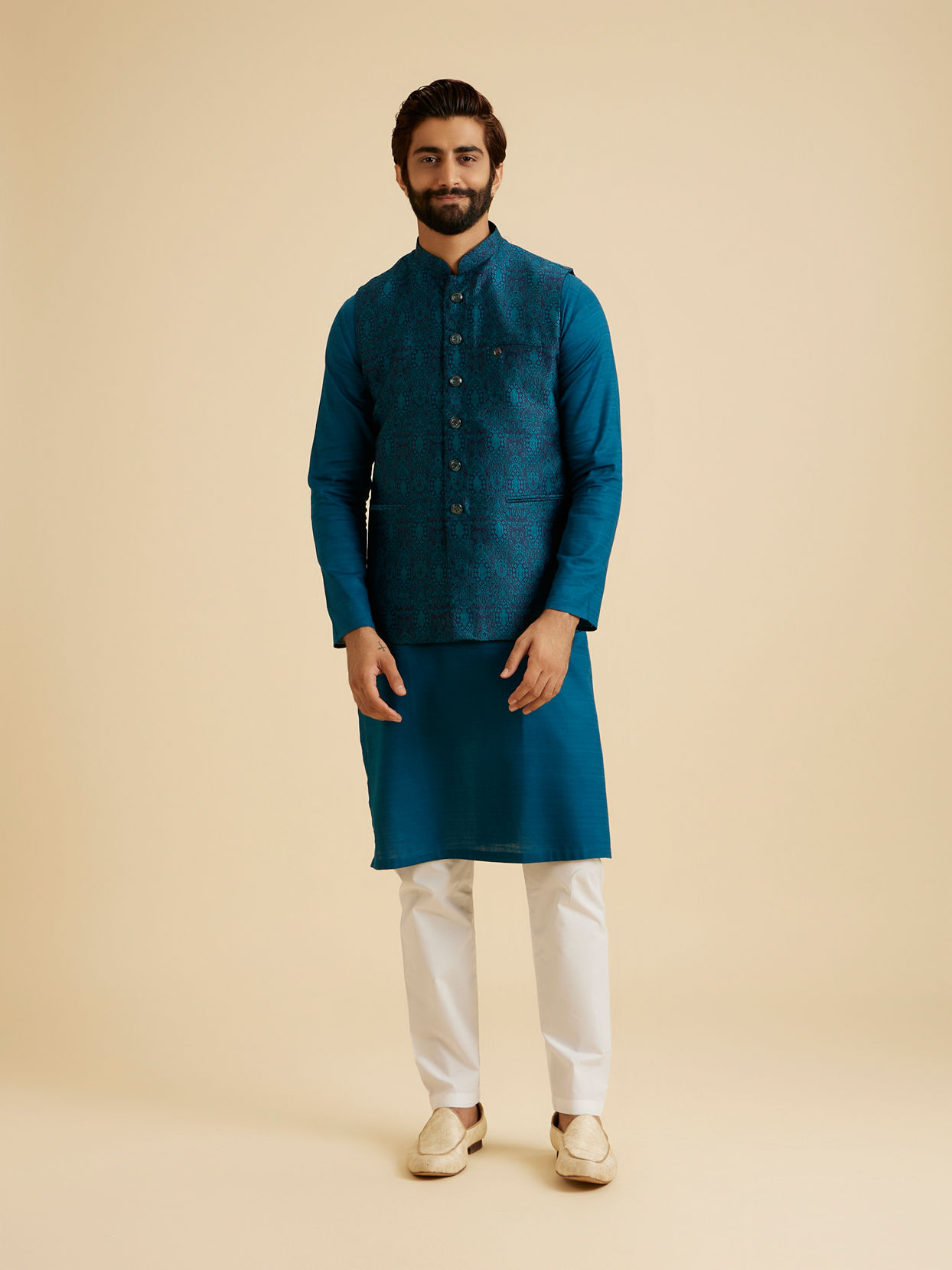 Manyavar Men Exquisite Teal Blue Nehru Jacket