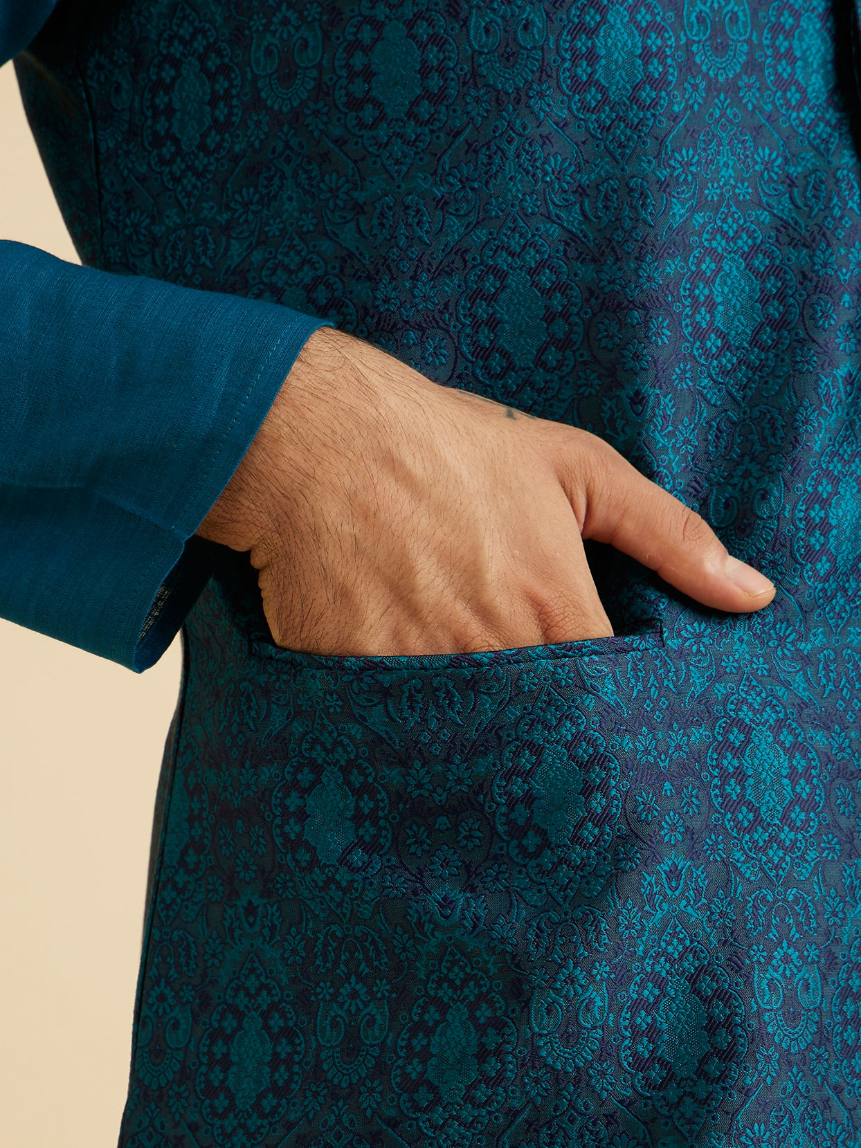Manyavar Men Exquisite Teal Blue Nehru Jacket