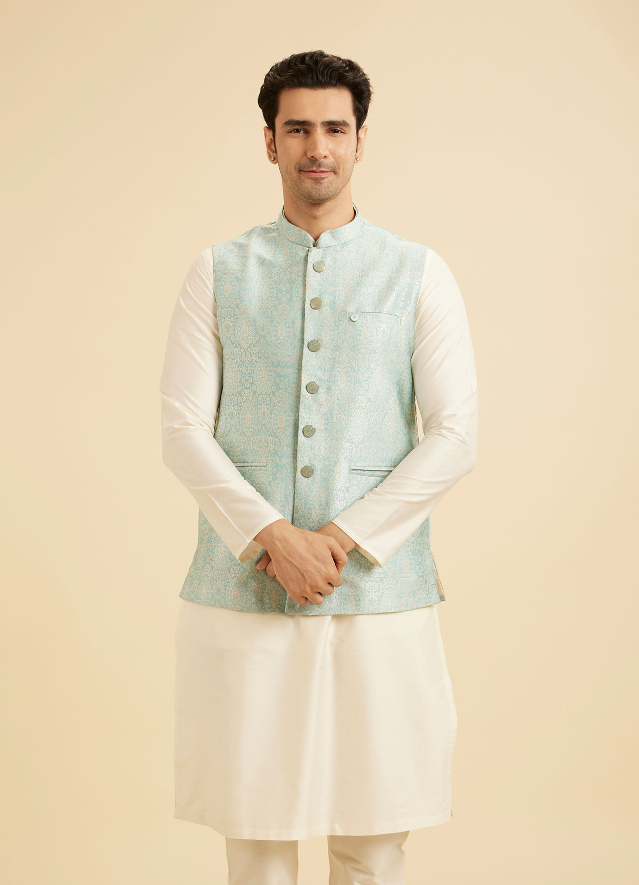 Manyavar Men Stunning Light Blue Nehru Jacket