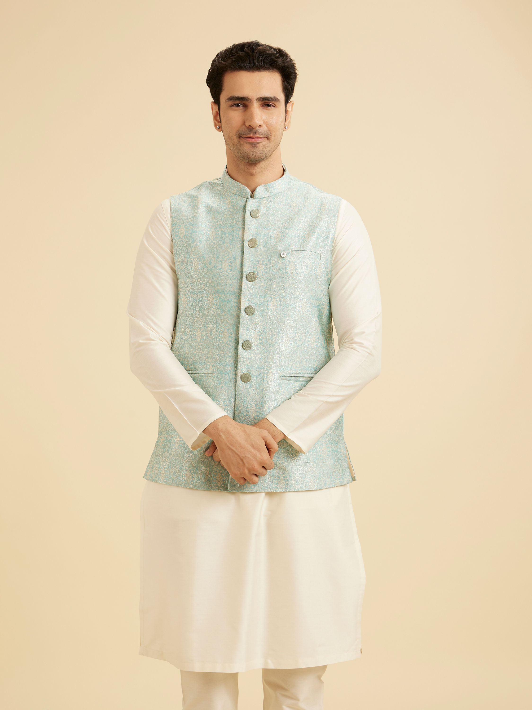 Manyavar Men Stunning Light Blue Nehru Jacket