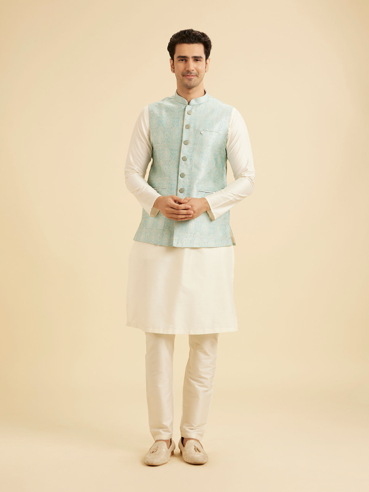 Manyavar Men Stunning Light Blue Nehru Jacket