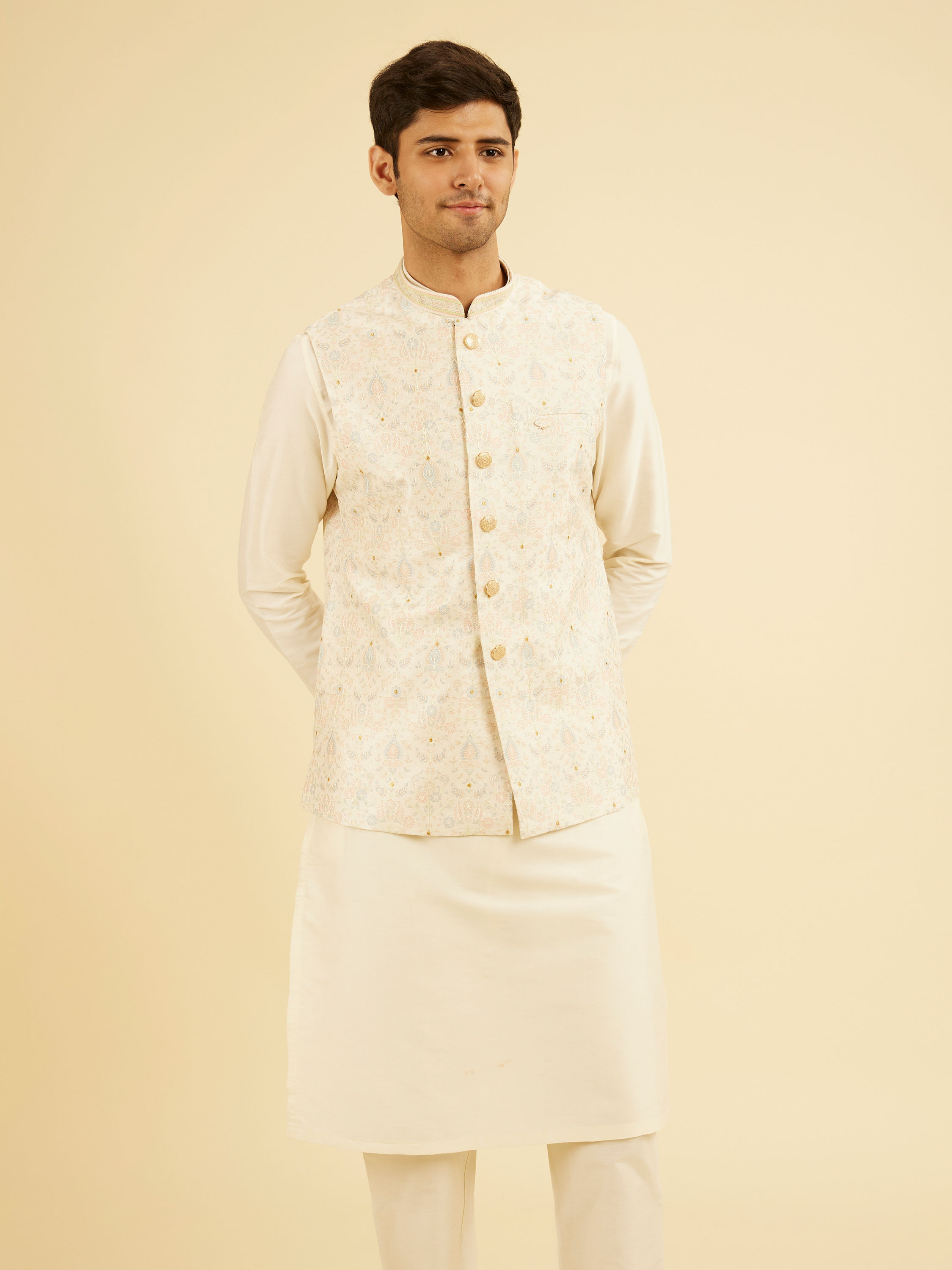 Manyavar Men Elegant Cream Nehru Jacket
