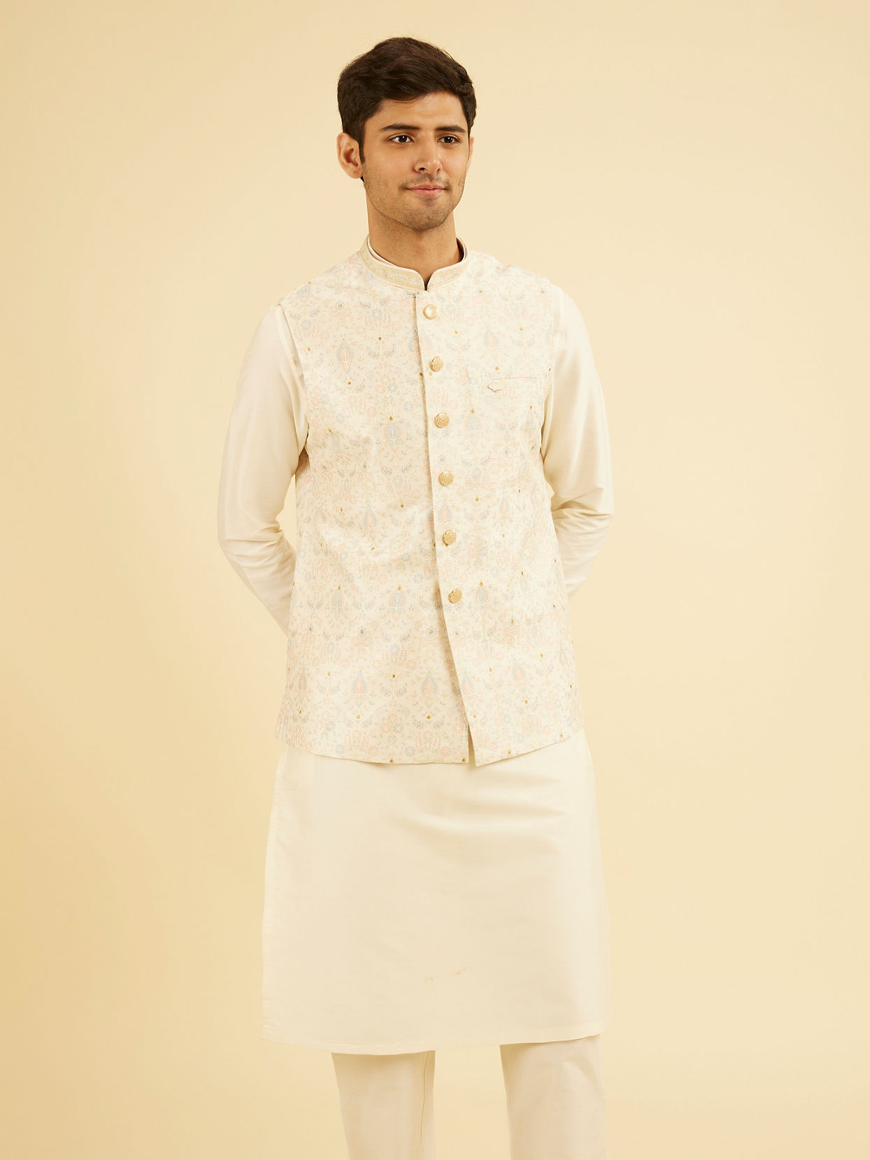 Manyavar Men Elegant Cream Nehru Jacket