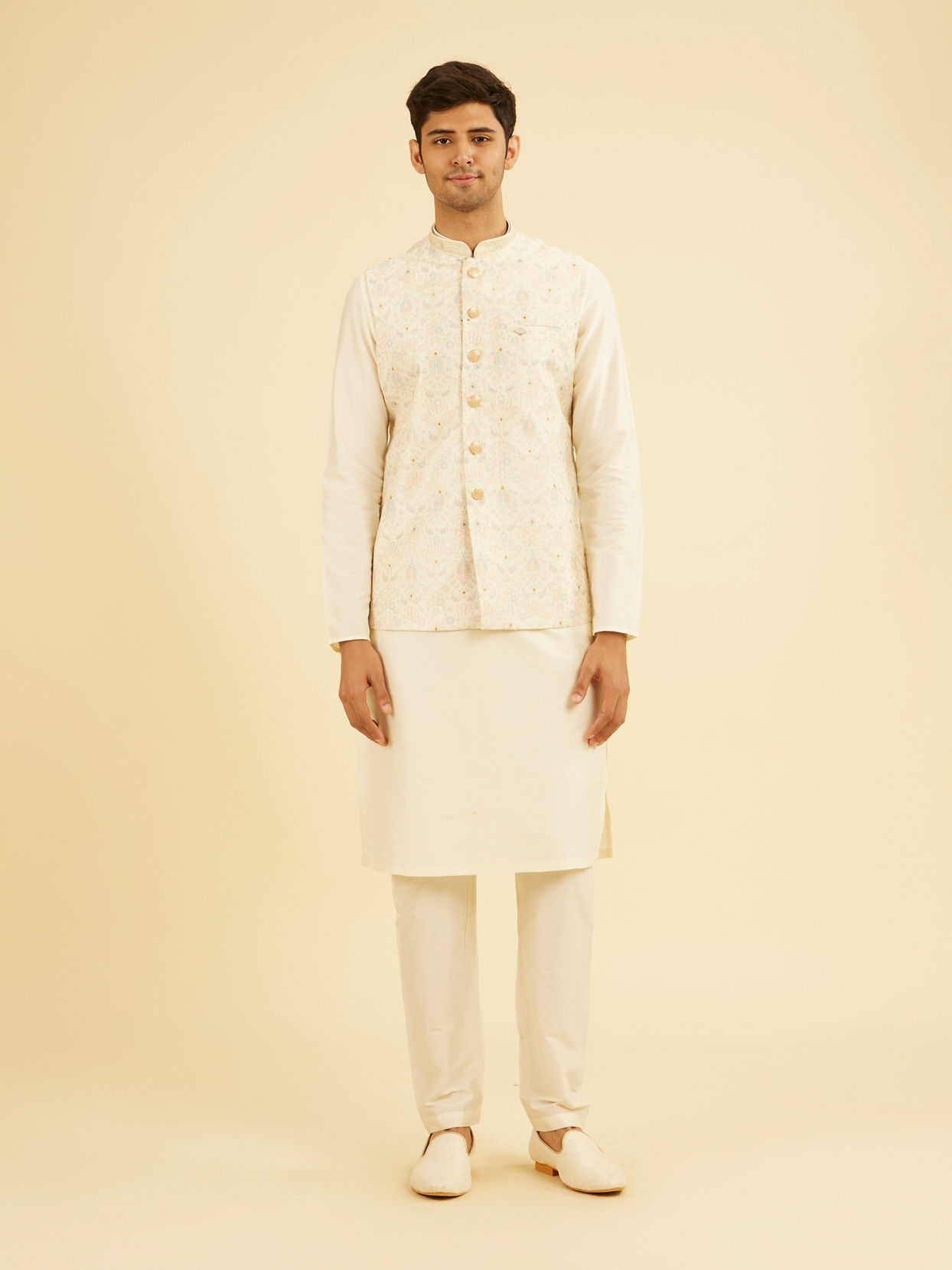 Manyavar Men Elegant Cream Nehru Jacket