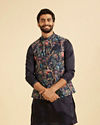 Manyavar Men Snazzy Dark Blue Cotton Nehru Jacket