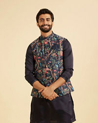 Manyavar Men Snazzy Dark Blue Cotton Nehru Jacket