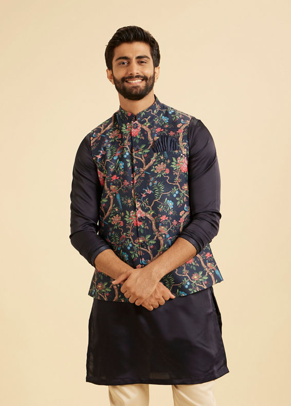 Manyavar Men Snazzy Dark Blue Cotton Nehru Jacket