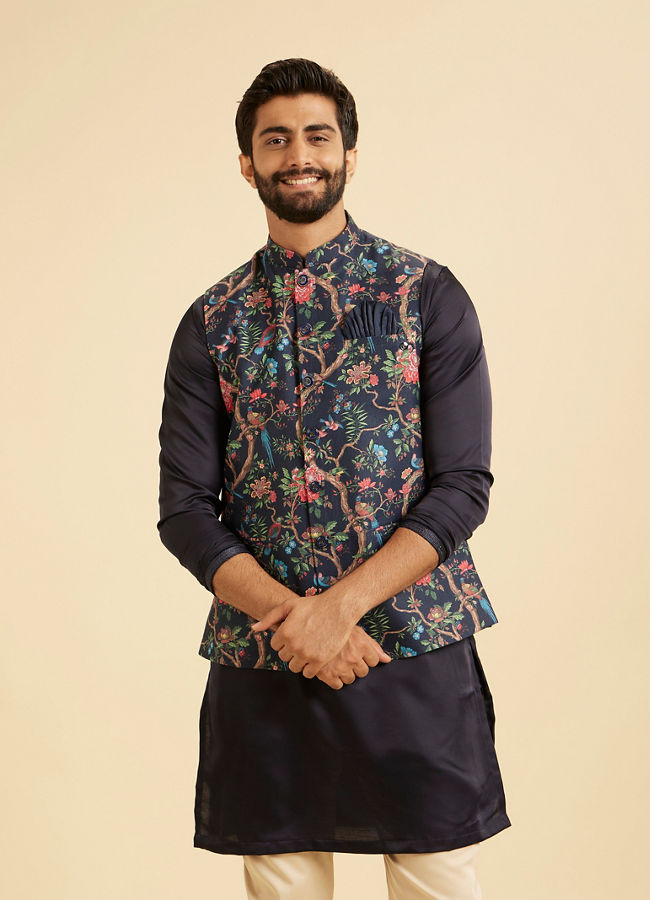 Manyavar Men Snazzy Dark Blue Cotton Nehru Jacket