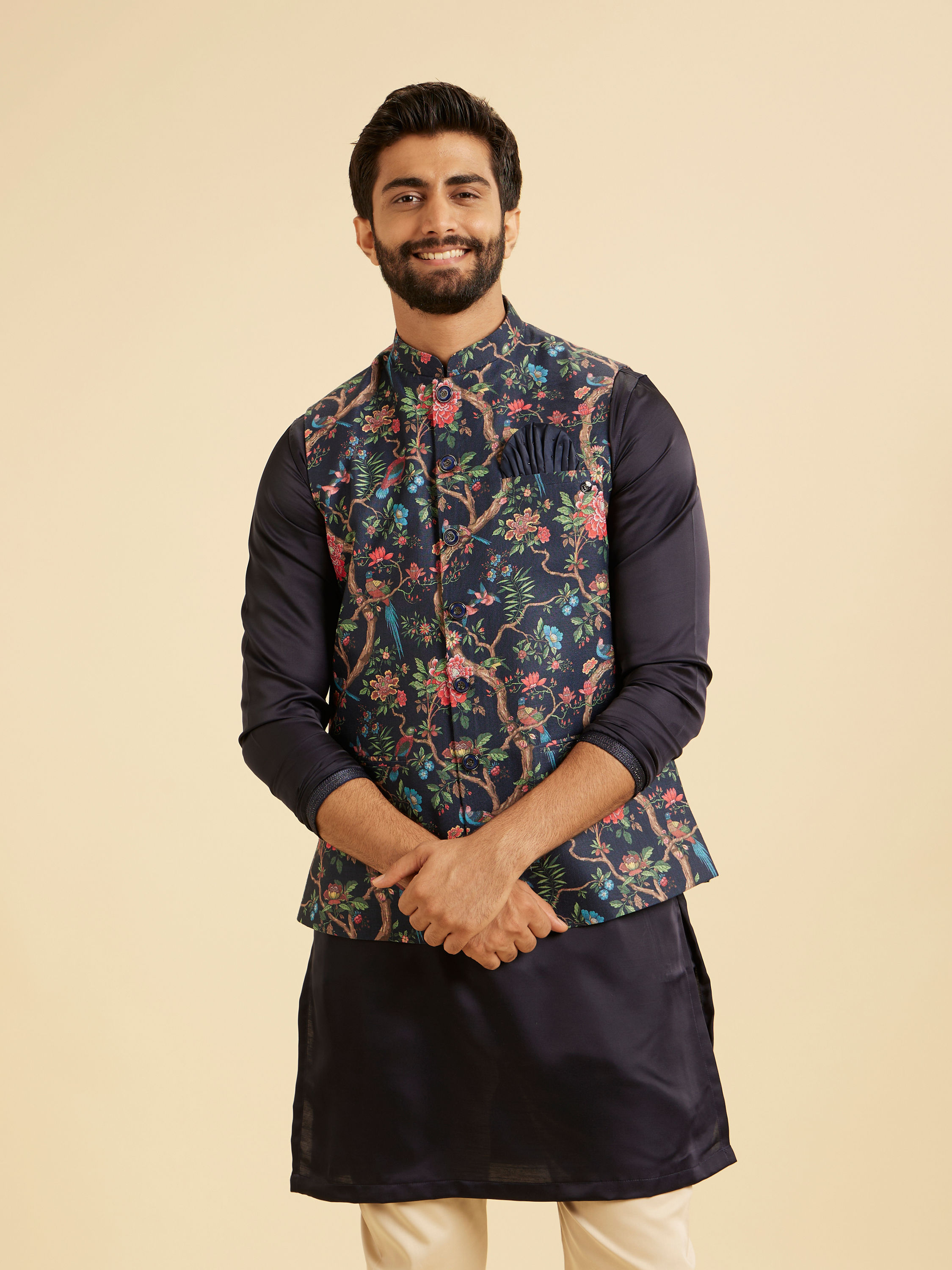 Manyavar Men Snazzy Dark Blue Cotton Nehru Jacket