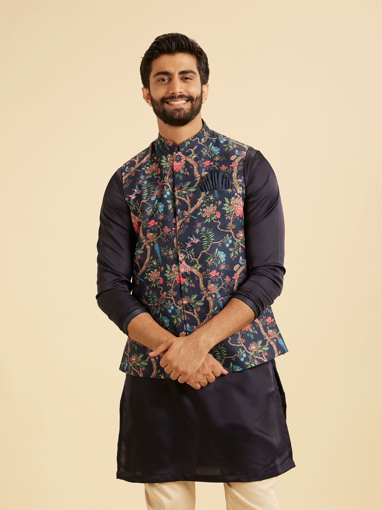 Manyavar Men Snazzy Dark Blue Cotton Nehru Jacket