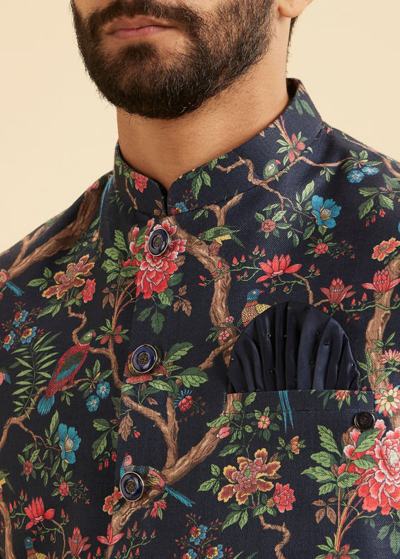 Manyavar Men Snazzy Dark Blue Cotton Nehru Jacket