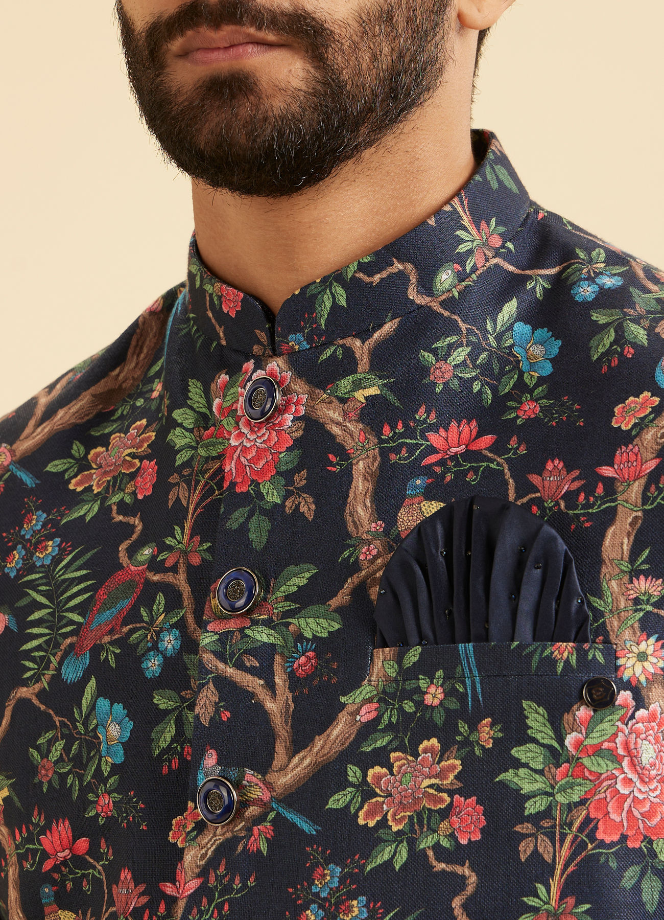 Manyavar Men Snazzy Dark Blue Cotton Nehru Jacket
