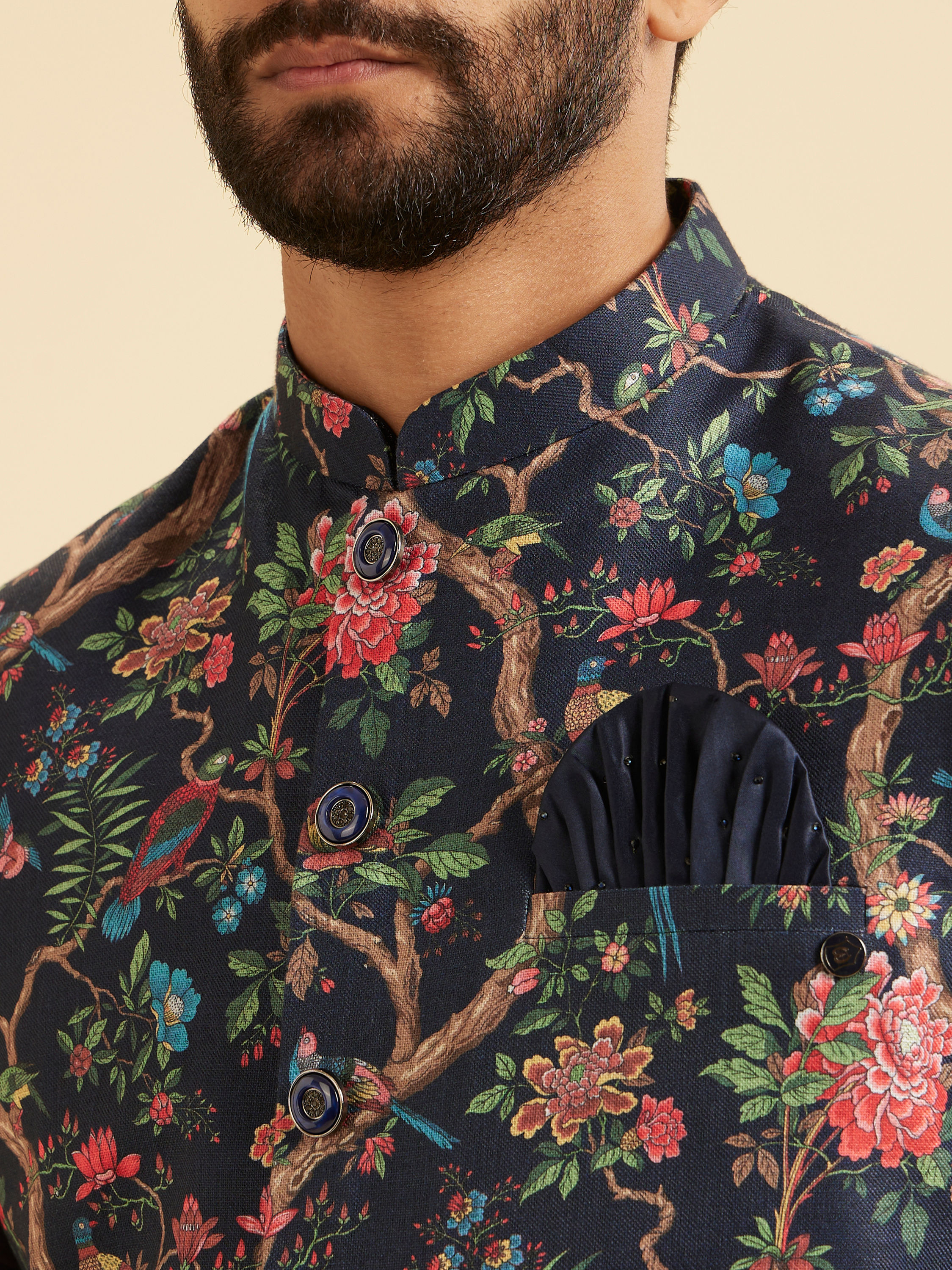 Manyavar Men Snazzy Dark Blue Cotton Nehru Jacket