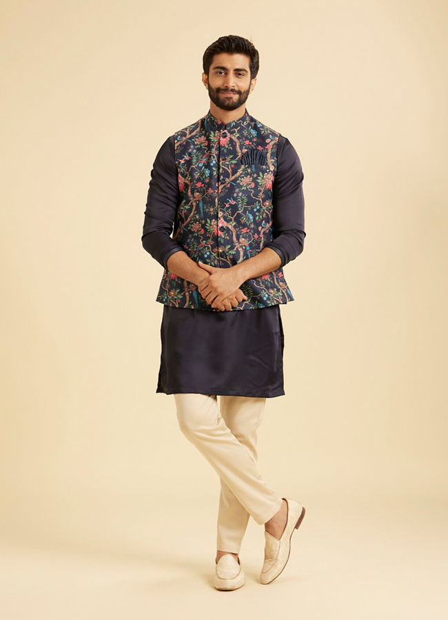 Manyavar Men Snazzy Dark Blue Cotton Nehru Jacket