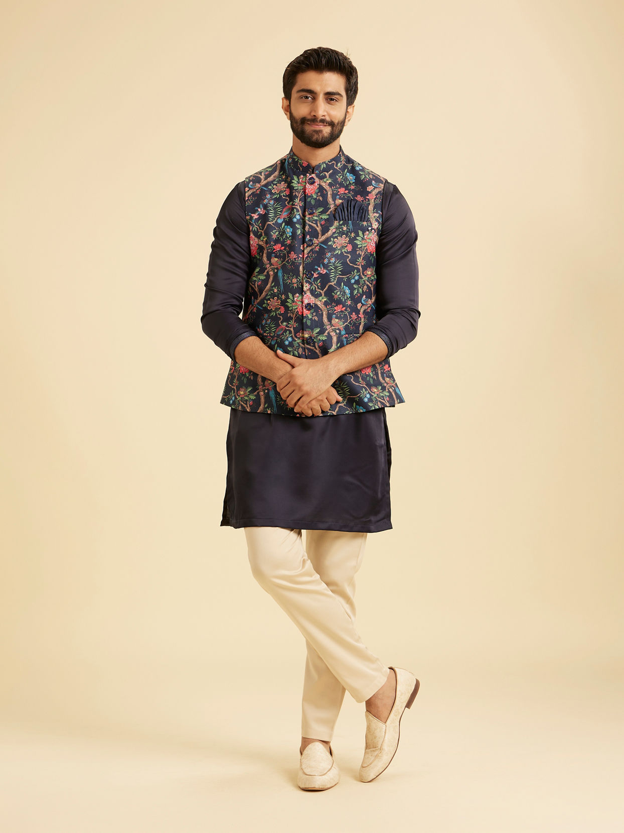 Manyavar Men Snazzy Dark Blue Cotton Nehru Jacket