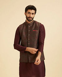 Manyavar Men Elegant Brown Brocade Nehru Jacket