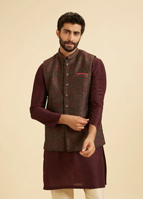 Manyavar Men Elegant Brown Brocade Nehru Jacket
