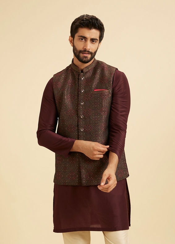 Manyavar Men Elegant Brown Brocade Nehru Jacket