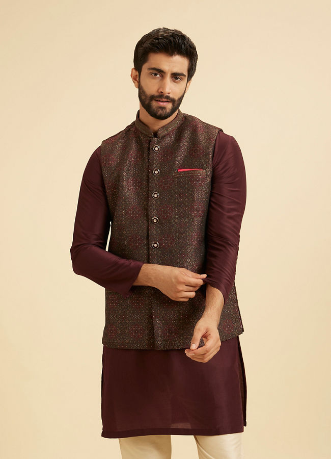 Manyavar Men Elegant Brown Brocade Nehru Jacket