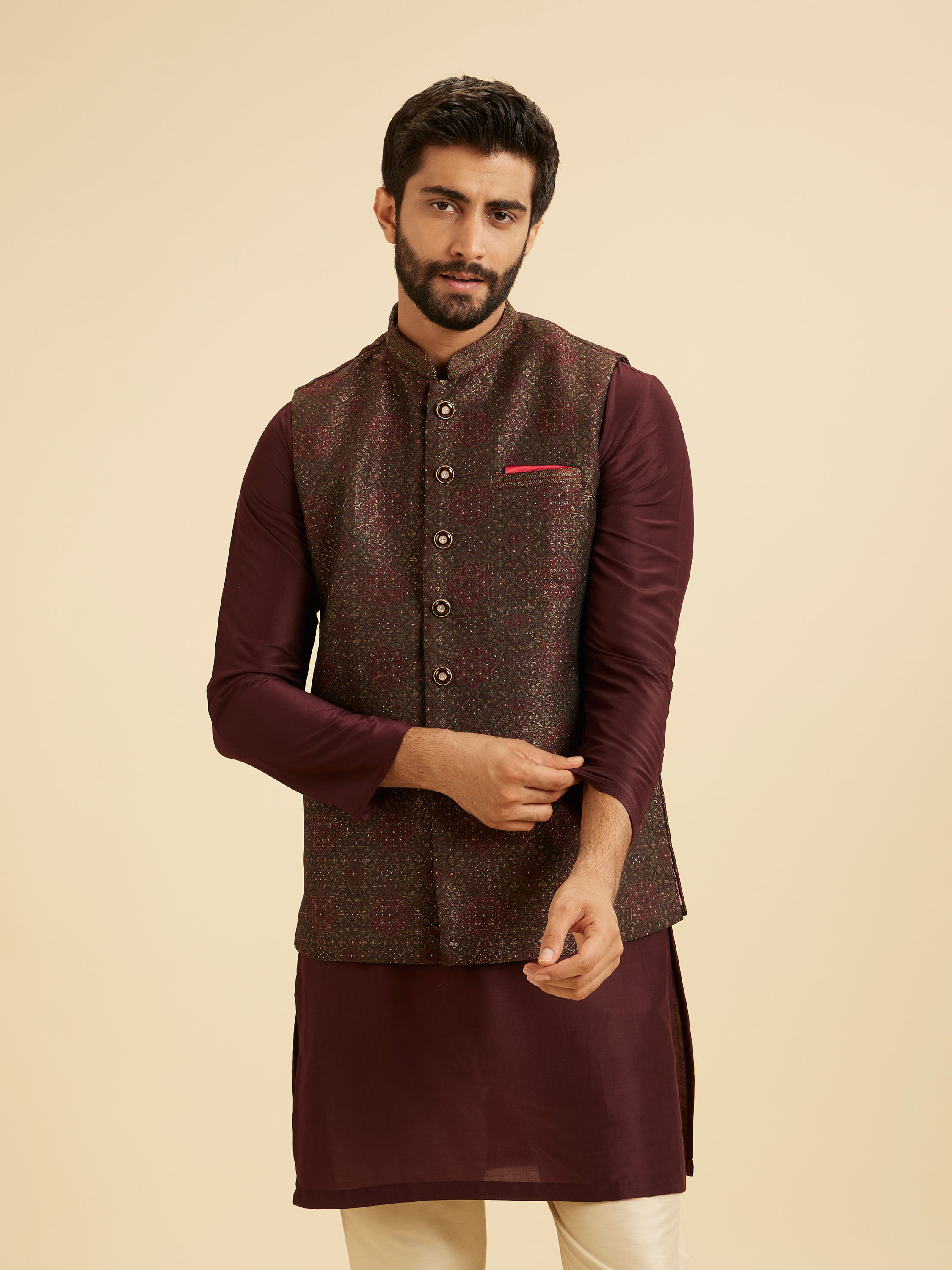 Manyavar Men Elegant Brown Brocade Nehru Jacket