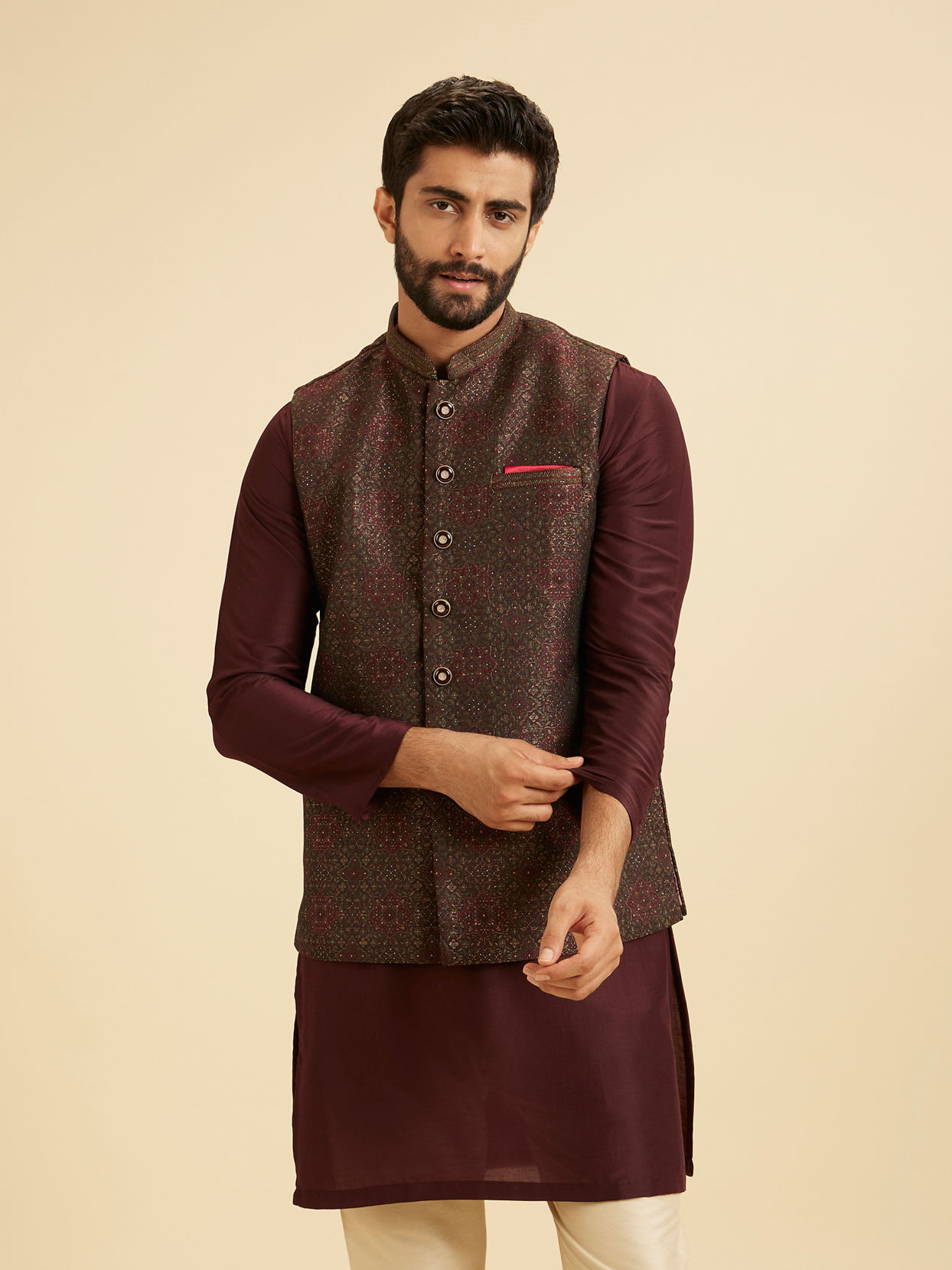 Manyavar Men Elegant Brown Brocade Nehru Jacket