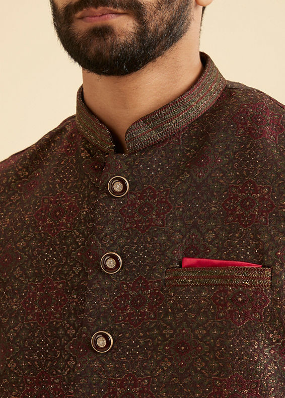 Manyavar Men Elegant Brown Brocade Nehru Jacket