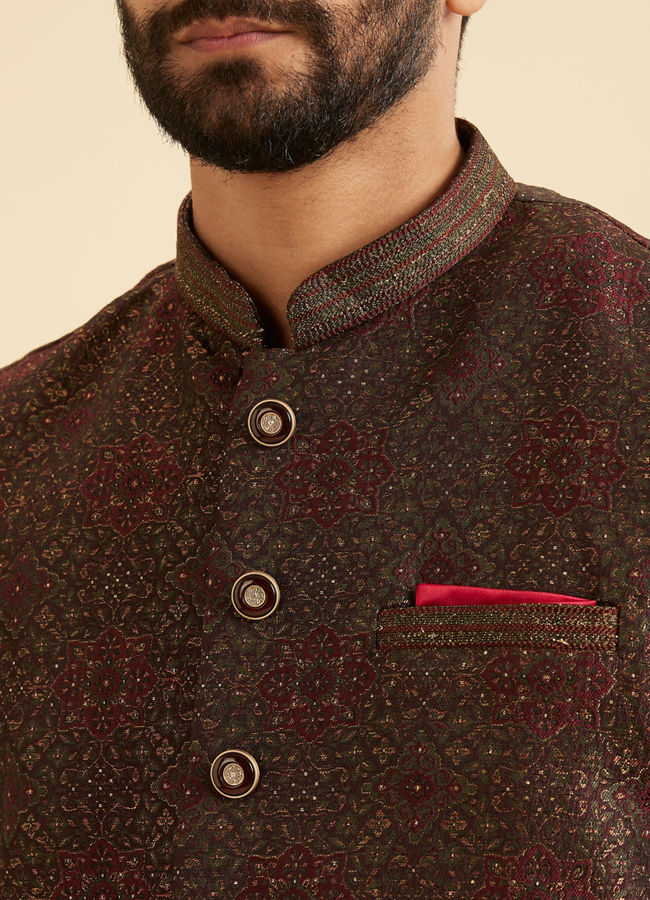 Manyavar Men Elegant Brown Brocade Nehru Jacket