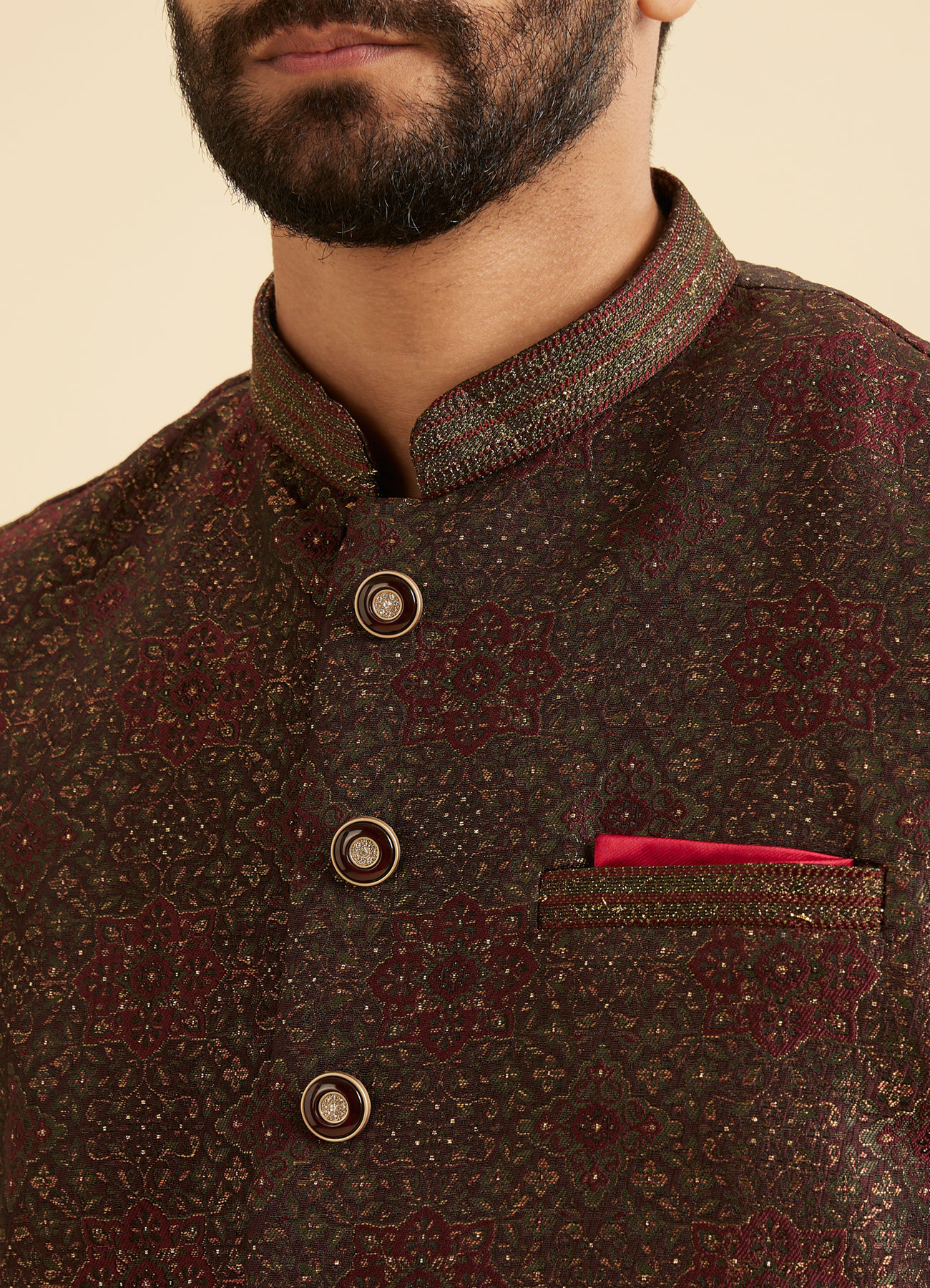 Manyavar Men Elegant Brown Brocade Nehru Jacket