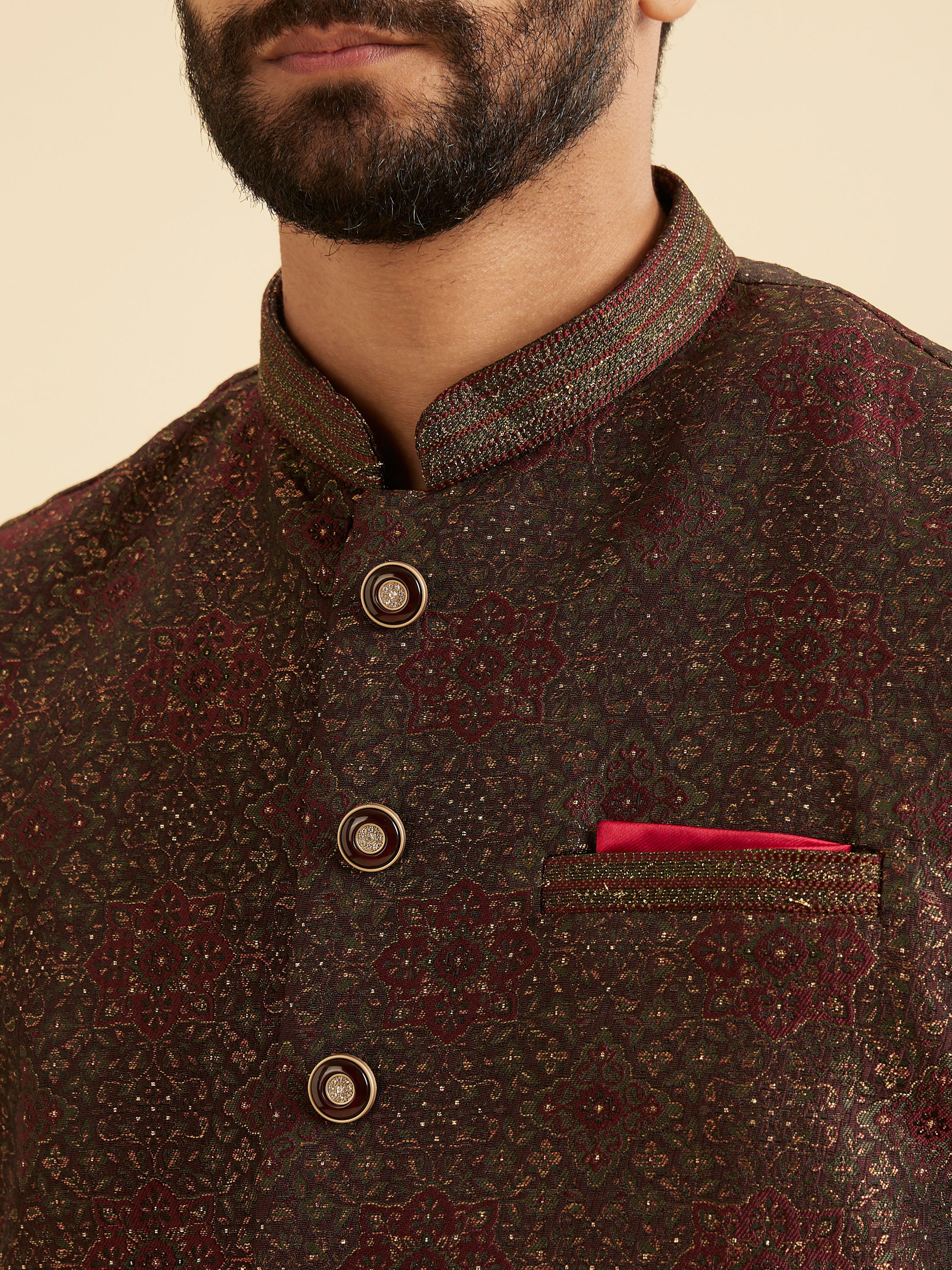 Manyavar Men Elegant Brown Brocade Nehru Jacket