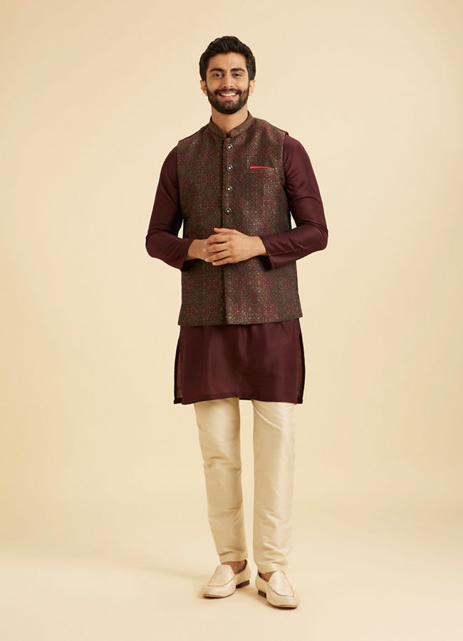 Manyavar Men Elegant Brown Brocade Nehru Jacket